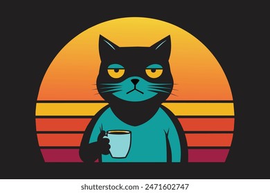 Un diseño elegante y nostálgico de la camiseta con una silueta de un gato gruñón que sostiene un café contra una ilustración vibrante del Arte vectorial de la puesta de sol retro 