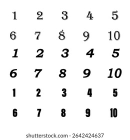 Stylish number chart. One to ten. Varied font numbers. Vector numeric design.