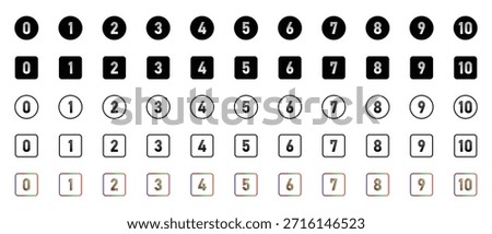 Stylish Numbers 0 to 10 Icon Set with Round and Square Outline Frames.