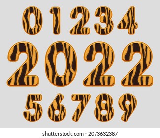 Stylish Numbers textured tigers skin from 0 to 9. Happy new year 2022 year of tiger. Isolated on a white background. Vector illustration.