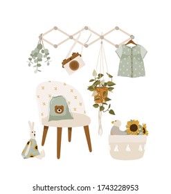 Stylish nursery room with furniture - chair, shelves and baby toys. Boho summer Cozy kids interior. Vector illustration. 