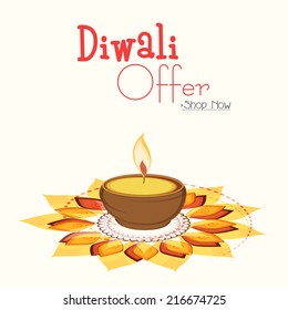 Stylish offer poster, banner or flyer design with illuminated oil lit lamp on colorful floral design decorated background.