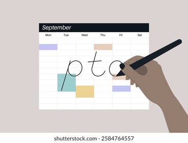 A stylish office calendar showcases PTO days prominently, featuring hand-drawn letters and colorful blocks marking time off, perfect for workplace planning and organization