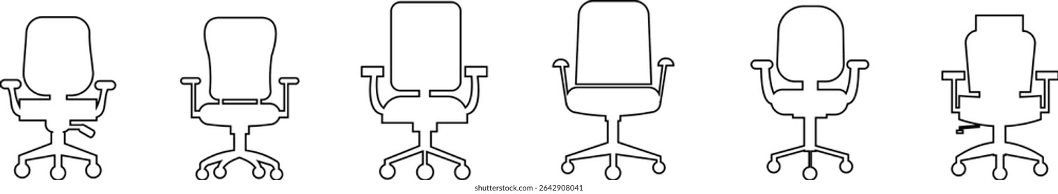 Stylish office chair icon set featuring ergonomic designs in black and outline stroke aesthetics perfect for representing comfortable seating for working at a desk. Piece of furniture for living room,