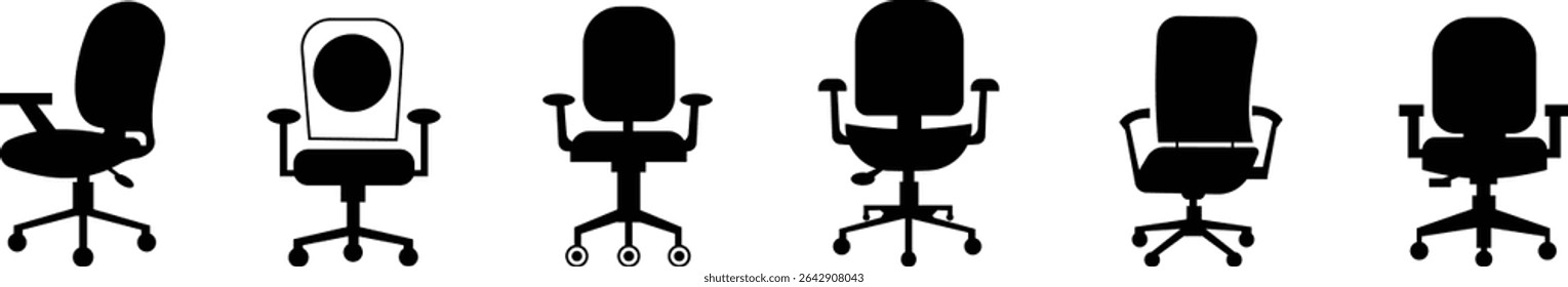 Stylish office chair icon set featuring ergonomic designs in black and outline stroke aesthetics perfect for representing comfortable seating for working at a desk. Piece of furniture for living room,