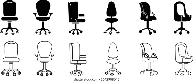 Stylish office chair icon set featuring ergonomic designs in black and outline stroke aesthetics perfect for representing comfortable seating for working at a desk. Piece of furniture for living room,