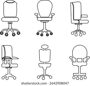 Stylish office chair icon set featuring ergonomic designs in black and outline stroke aesthetics perfect for representing comfortable seating for working at a desk. Piece of furniture for living room,