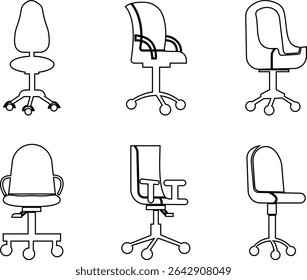 Stylish office chair icon set featuring ergonomic designs in black and outline stroke aesthetics perfect for representing comfortable seating for working at a desk. Piece of furniture for living room,
