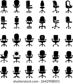 Stylish office chair icon set featuring ergonomic designs in black and outline stroke aesthetics perfect for representing comfortable seating for working at a desk. Piece of furniture for living room,