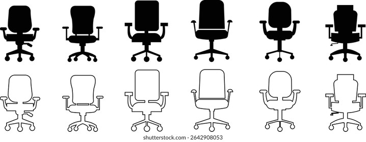 Stylish office chair icon set featuring ergonomic designs in black and outline stroke aesthetics perfect for representing comfortable seating for working at a desk. Piece of furniture for living room,