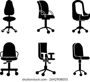 Stylish office chair icon set featuring ergonomic designs in black and outline stroke aesthetics perfect for representing comfortable seating for working at a desk. Piece of furniture for living room,