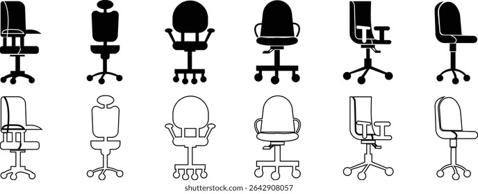 Stylish office chair icon set featuring ergonomic designs in black and outline stroke aesthetics perfect for representing comfortable seating for working at a desk. Piece of furniture for living room,