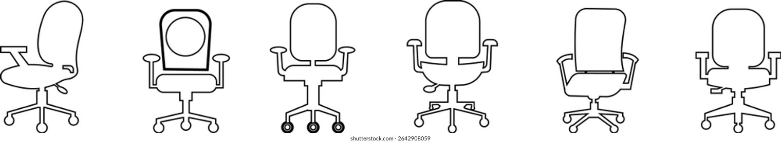 Stylish office chair icon set featuring ergonomic designs in black and outline stroke aesthetics perfect for representing comfortable seating for working at a desk. Piece of furniture for living room,