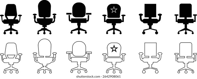 Stylish office chair icon set featuring ergonomic designs in black and outline stroke aesthetics perfect for representing comfortable seating for working at a desk. Piece of furniture for living room,