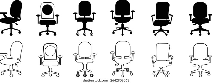 Stylish office chair icon set featuring ergonomic designs in black and outline stroke aesthetics perfect for representing comfortable seating for working at a desk. Piece of furniture for living room,