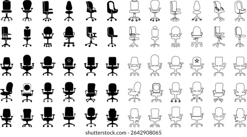 Stylish office chair icon set featuring ergonomic designs in black and outline stroke aesthetics perfect for representing comfortable seating for working at a desk. Piece of furniture for living room,
