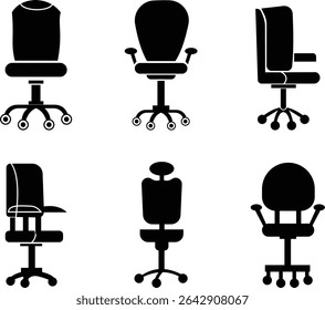 Stylish office chair icon set featuring ergonomic designs in black and outline stroke aesthetics perfect for representing comfortable seating for working at a desk. Piece of furniture for living room,