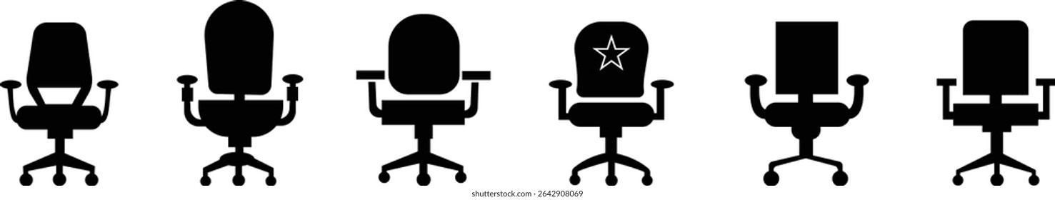 Stylish office chair icon set featuring ergonomic designs in black and outline stroke aesthetics perfect for representing comfortable seating for working at a desk. Piece of furniture for living room,