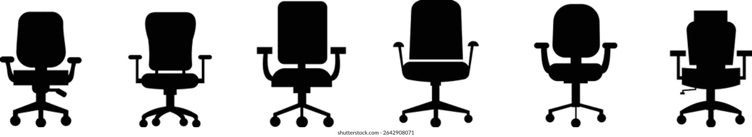 Stylish office chair icon set featuring ergonomic designs in black and outline stroke aesthetics perfect for representing comfortable seating for working at a desk. Piece of furniture for living room,