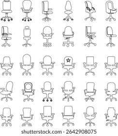 Stylish office chair icon set featuring ergonomic designs in black and outline stroke aesthetics perfect for representing comfortable seating for working at a desk. Piece of furniture for living room,