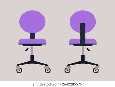 Stylish office chair with round back in a cheerful purple hue, seen from back and front, is ideal for adding functionality and flair to any modern office setting