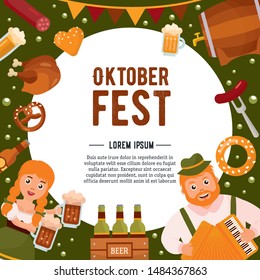 Stylish Oktoberfest card with german people. Octoberfest elements. Beer mugs, food, beer, barrel and typography. For party, invitation and other designs.