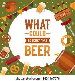 Stylish Oktoberfest card with holiday elements. Beer mugs, food, beer, barrel and typography. For party, invitation and other design.