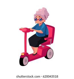 Stylish old lady driving, riding modern scooter, moped, personal transport concept, cartoon vector illustration isolated on white background. Old woman riding modern style scooter