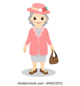 Stylish old lady in a pink coat and hat. Vector illustration in flat style.