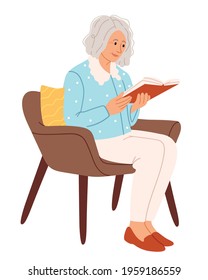 Stylish old woman reads in a chair.Comfortable chair for reading. Stay at home and have a good time.