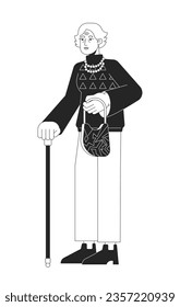 Stylish old woman with walking cane flat line black white vector character. Editable outline full body person. Simple cartoon isolated spot illustration for web graphic design