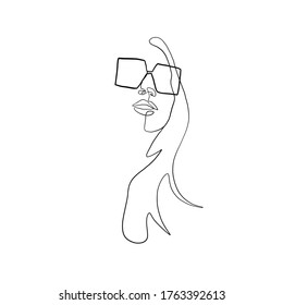 Stylish one continuous line woman in sunglasses. Fashionable typography girl in minimalist style. Beauty sign. Attractive fashion model. Summer fashion.