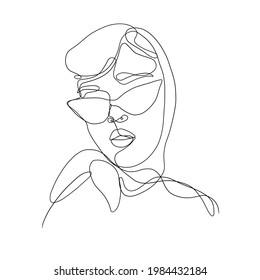 Stylish one continuous line woman in sunglasses. Fashionable typography girl in minimalist style. Beauty sign. Attractive fashion model. Summer fashion. Human avatar in glasses.
