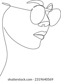 Stylish one continuous line woman in sunglasses. Fashionable typography girl in minimalist style. Beauty sign. Attractive fashion model. Summer fashion. Human avatar in glasses