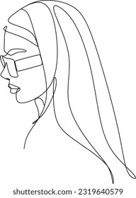 Stylish one continuous line woman in sunglasses. Fashionable typography girl in minimalist style. Beauty sign. Attractive fashion model. Summer fashion. Human avatar in glasses