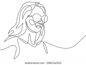 Stylish one continuous line woman in sunglasses. Fashionable typography girl in minimalist style. Beauty sign. Attractive fashion model. Summer fashion. Human avatar in glasses