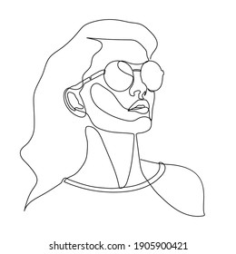 Stylish one line woman in sunglasses. Fashionable typography girl in minimalist style. Beauty sign. Attractive fashion model. Summer fashion