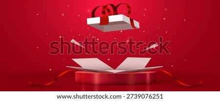 Stylish open gift box on a red podium with bokeh lights, ideal for promotions, sales, and holidays. Vector illustration.