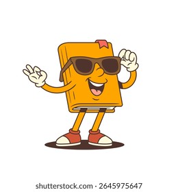 Stylish orange book mascot in sunglasses showing confident OK gesture. Fun and educational concept with comic charm and cheerful attitude. Perfect for creative projects. Colorful vector illustration