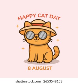 Stylish orange cat wearing sunglasses and a beach hat, sparkling with charm. Happy Cat Day.