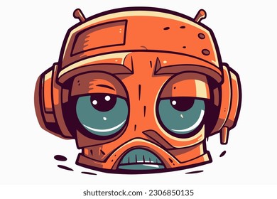 Stylish orange robot face looking at the camera. Sci-fi robot character design concept. Perfect for T-shirt, advertisement, brand, logo or stickers. Isolated, on white background. 