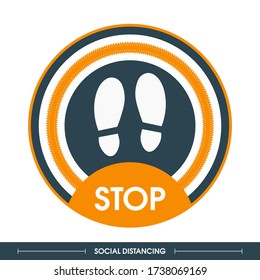 Stylish orange round floor marking Shoe prints. Social distancing instruction icon. Vector image.