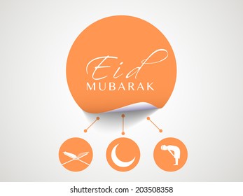 Stylish orange sticky with Islamic religious book Quran Shareef, mosque and young muslim man praying on grey background for muslim community festival Eid Mubarak celebrations. 