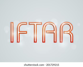 Stylish orange text Iftar on shiny grey background, Iftar party concept. 