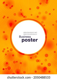 Elegante afiche rojo-naranja con rayos, burbujas y un botón en el medio. Plantilla de diseño.
