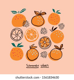 Stylish oranges fruits in hand drawn scandinavian style on light pink background with lettering. Summer tropical design. Stylish kitchen citruses. 