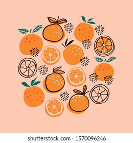 Stylish oranges fruits round circle illustration in hand drawn scandinavian style on light pink background. Summer tropical design. Stylish kitchen citruses. 