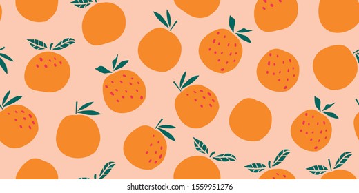 Stylish oranges fruits seamless pattern in hand drawn scandinavian style on pink background. Summer design. Stylish kitchen citruses. 