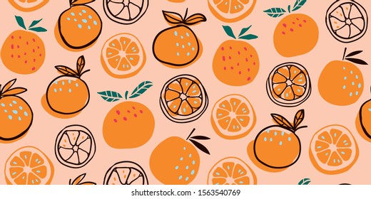 Stylish oranges fruits seamless pattern in hand drawn scandinavian style on pink background. Summer design. Stylish kitchen citruses. 