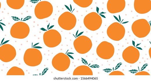 Stylish oranges fruits seamless pattern in hand drawn scandinavian style on white background with polka dots. Summer vacation design. Stylish kitchen citruses. 